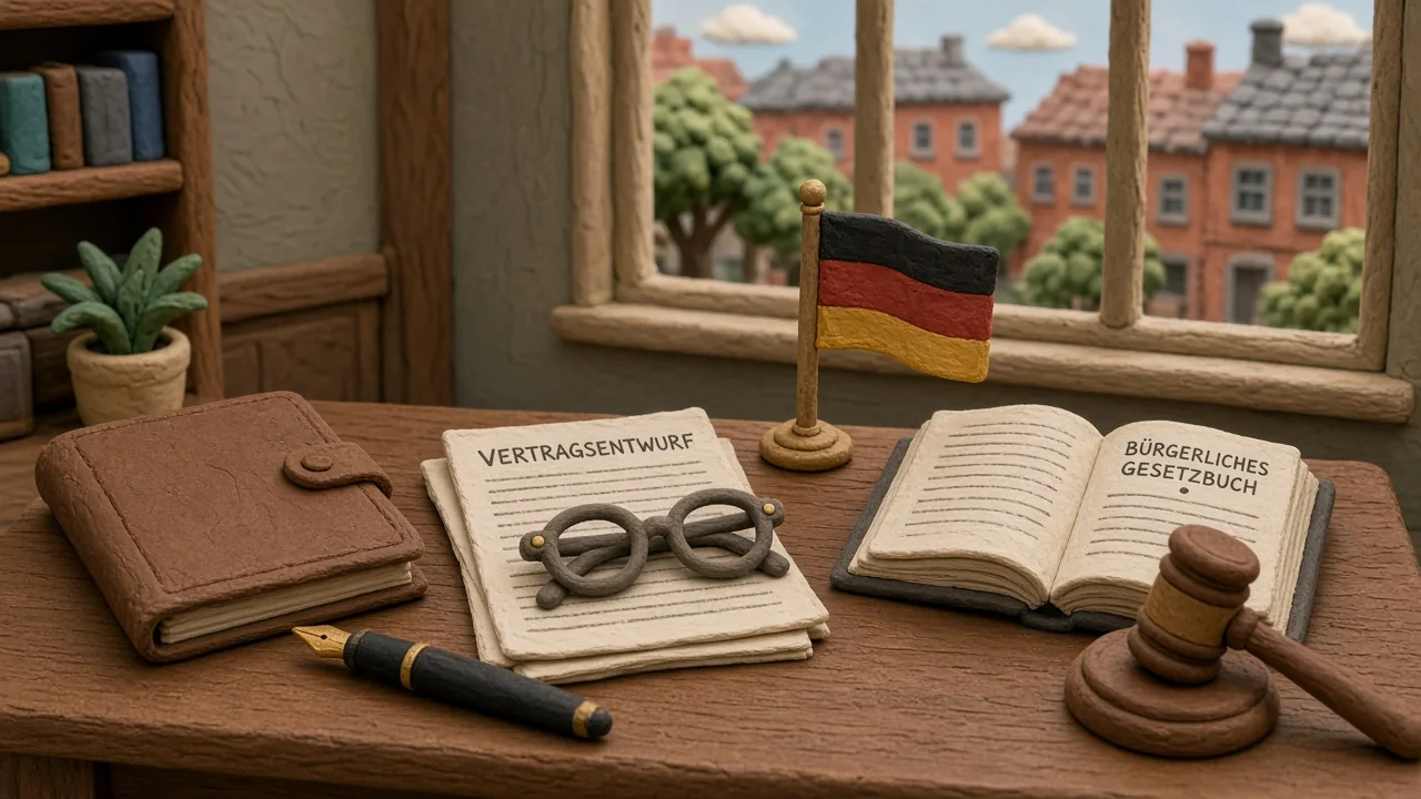 Aufgeräumter Schreibtisch eines Juristen mit Akten, Brille und Richterhammer in einem deutschen Büro.