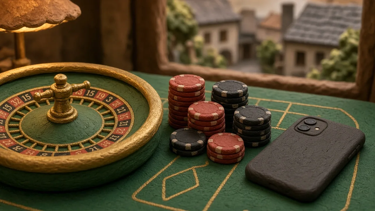 Roulette-Tisch mit Chipstapeln und Smartphone neben Geldüberweisung.