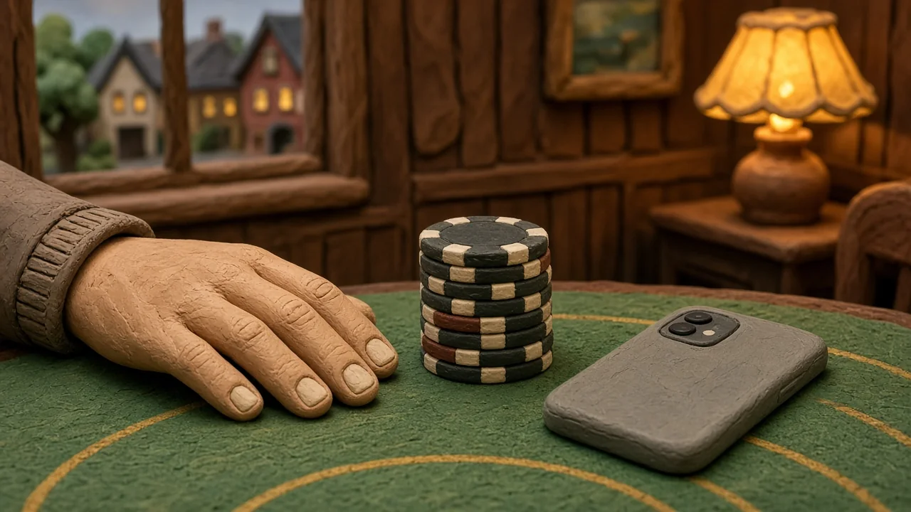 Casino-Chips und Smartphone mit nach unten gerichtetem Bildschirm auf einem Spieltisch.