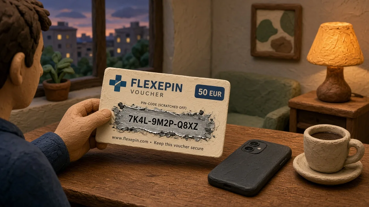 Hand mit Flexepin-Gutschein über Couchtisch bei gedämpftem Licht