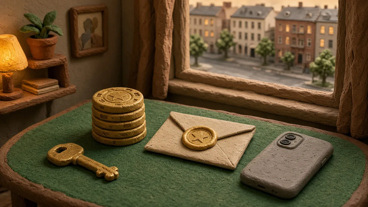 Goldene Casino-Chips und ein versiegelter Bonusbrief auf einem Spieltisch in einer deutschen Wohnung.