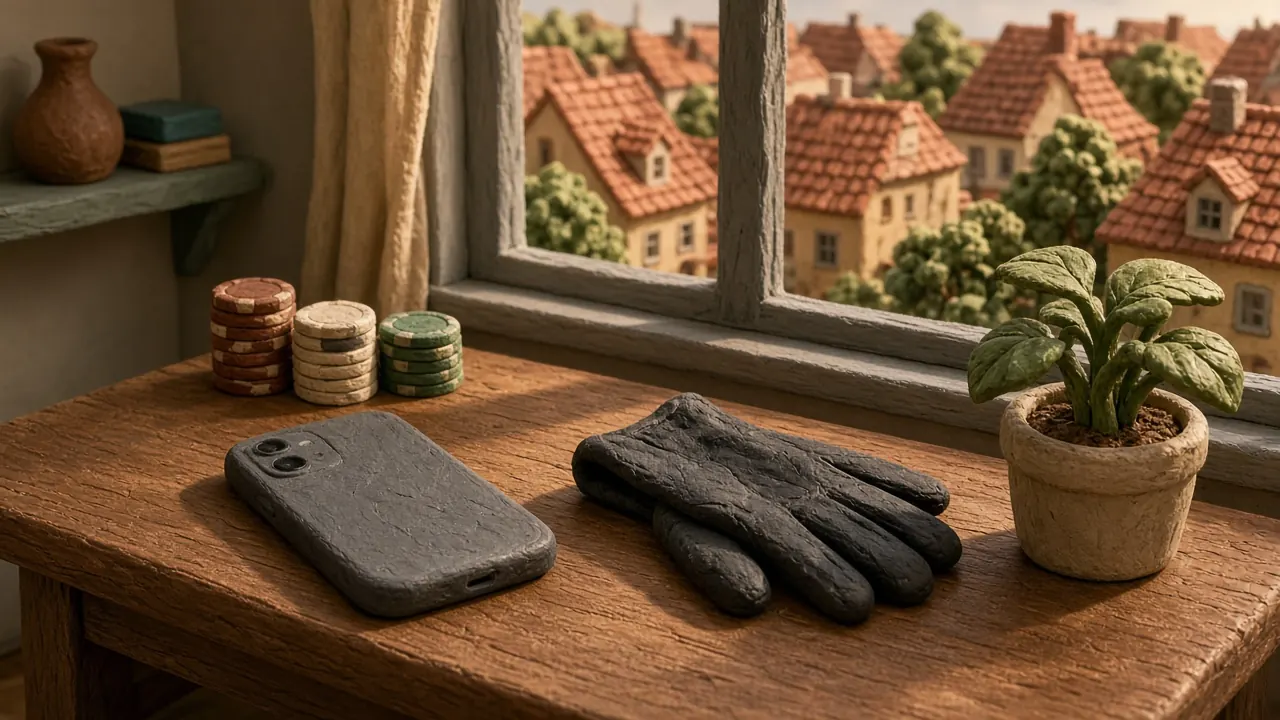 Eleganter Schreibtisch in moderner deutscher Wohnung mit Casino-Jetons und Smartphone bei warmem Nachmittagslicht
