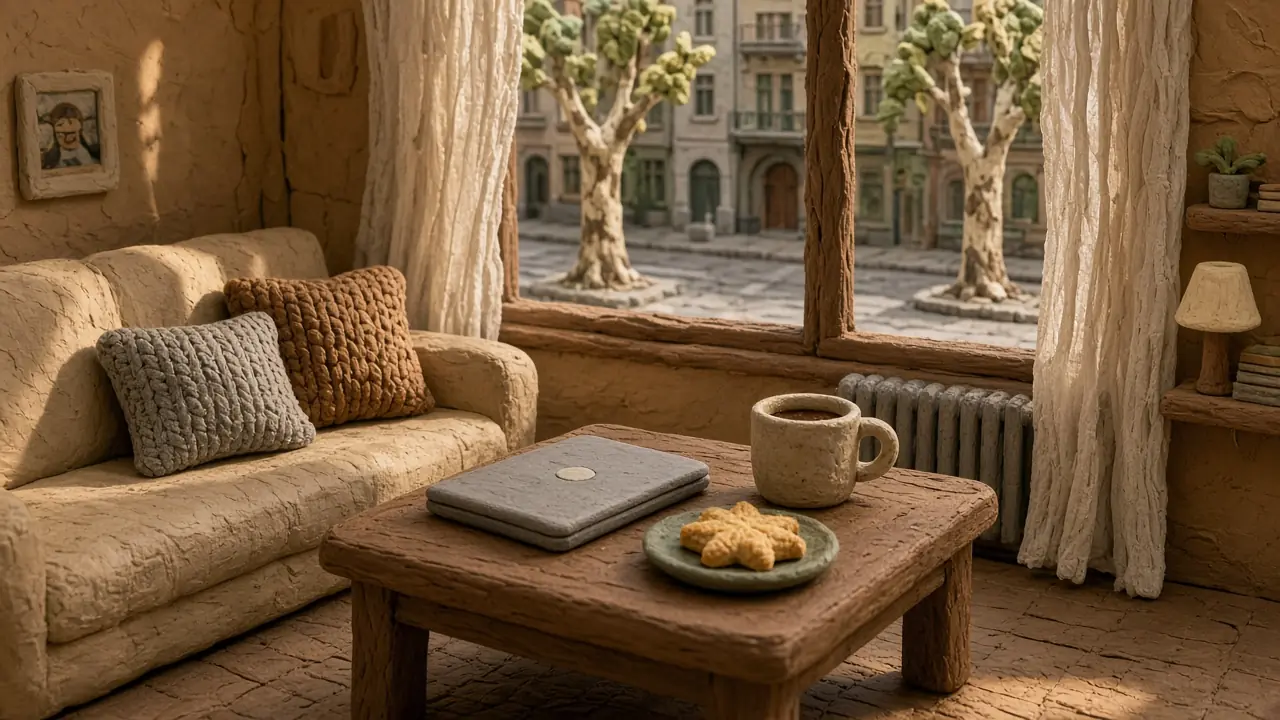 Heller deutscher Wohnraum mit Laptop und Butterplätzchen auf dem Tisch