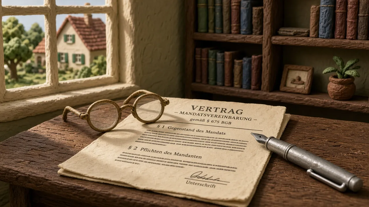 Formelles juristisches Dokument mit Lesebrille und Füllfederhalter auf Holzschreibtisch