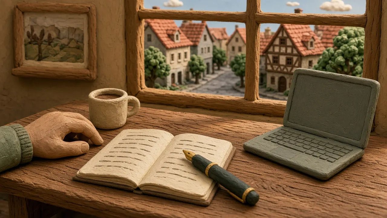 Redaktionsschreibtisch mit Notizbuch und Kaffeetasse im Tageslicht
