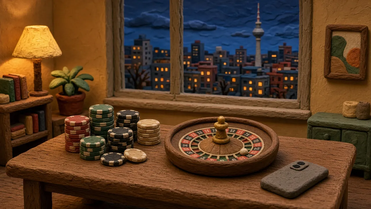 Modernes deutsches Apartment bei Dämmerung mit Casino-Chips und Rouletterad auf Holztisch