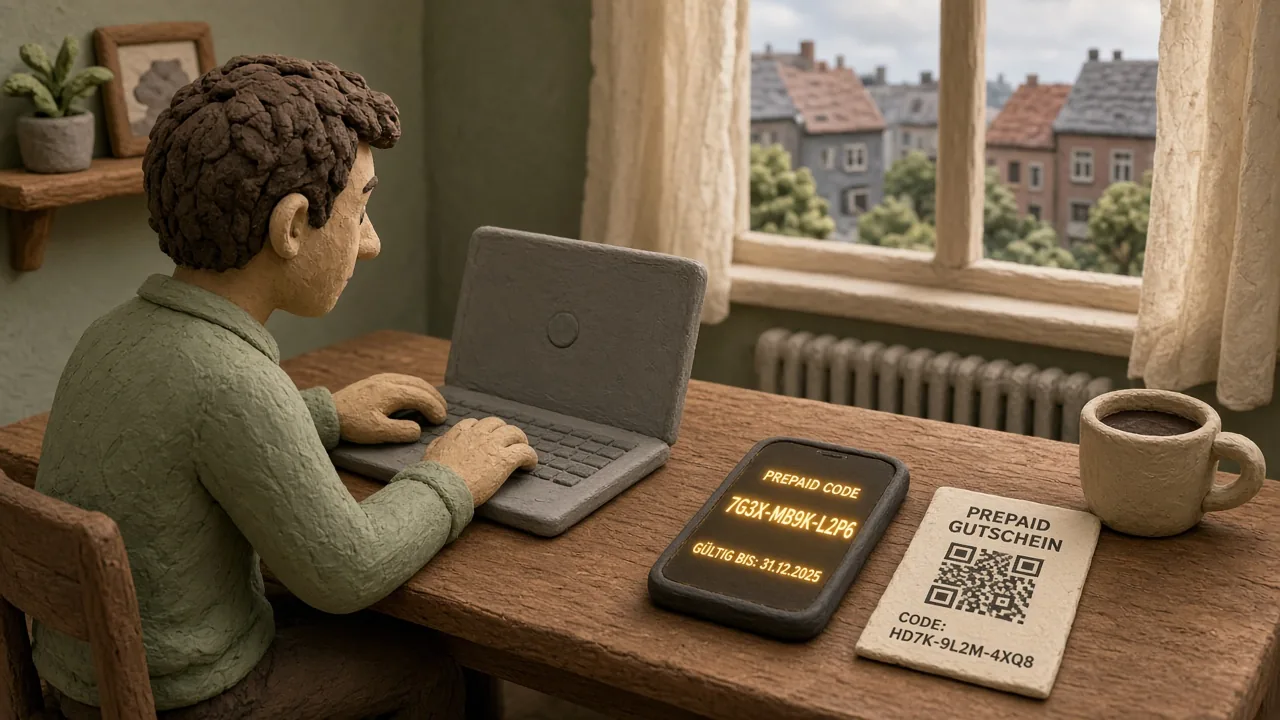 Person nutzt Laptop und Smartphone mit Prepaid-Gutschein am Schreibtisch