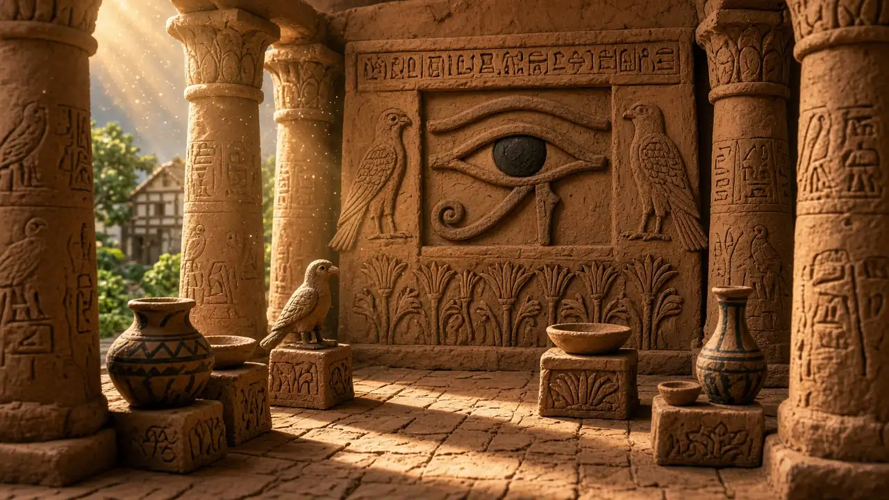 Innenraum eines ägyptischen Tempels mit dem Auge-des-Horus-Symbol an der Wand