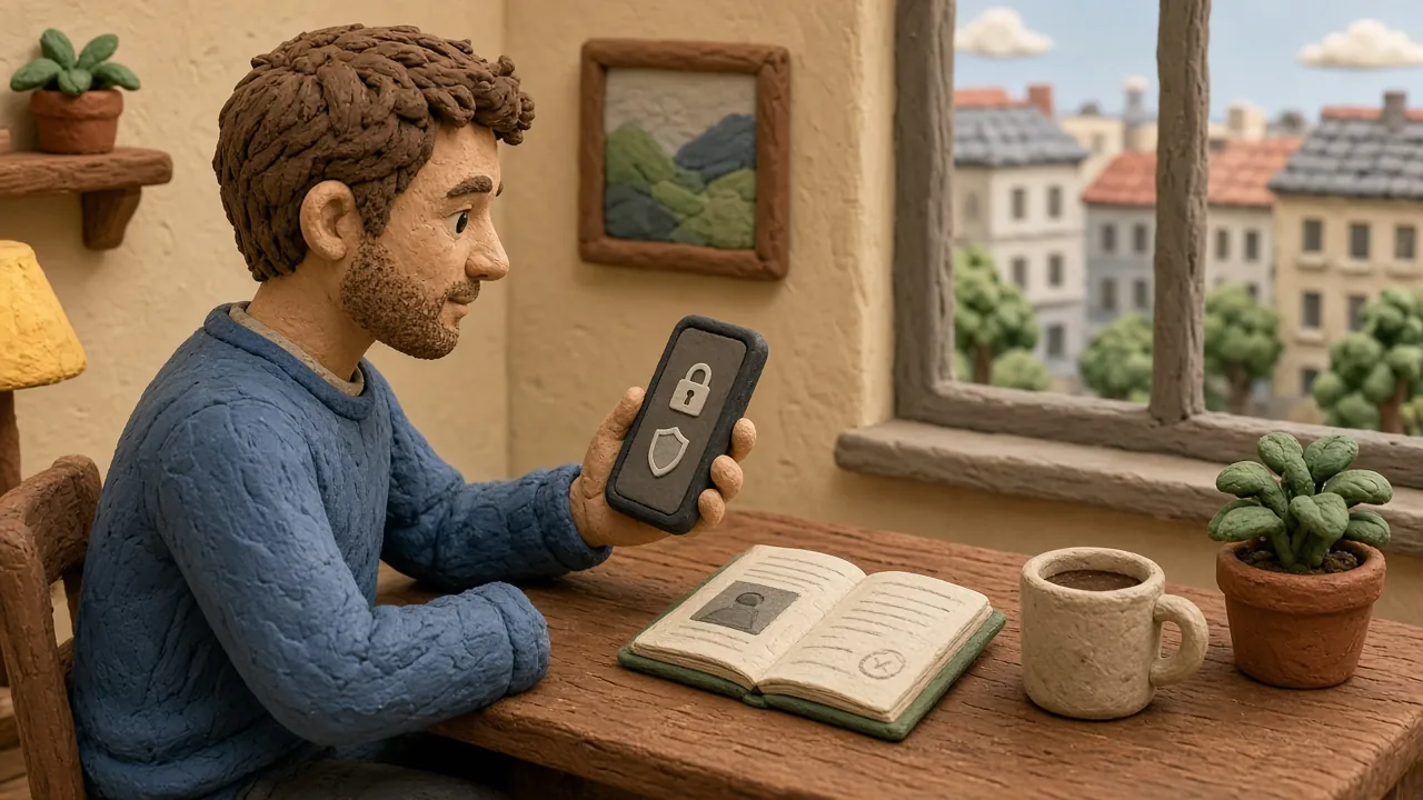 Mann am Schreibtisch hält Smartphone mit Schlosssymbol, Reisepass beiseitegelegt