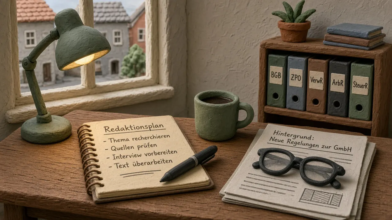 Schreibtisch einer deutschen Redaktion mit Notizen, Brille und Aktenordnern unter warmer Lampenbeleuchtung.